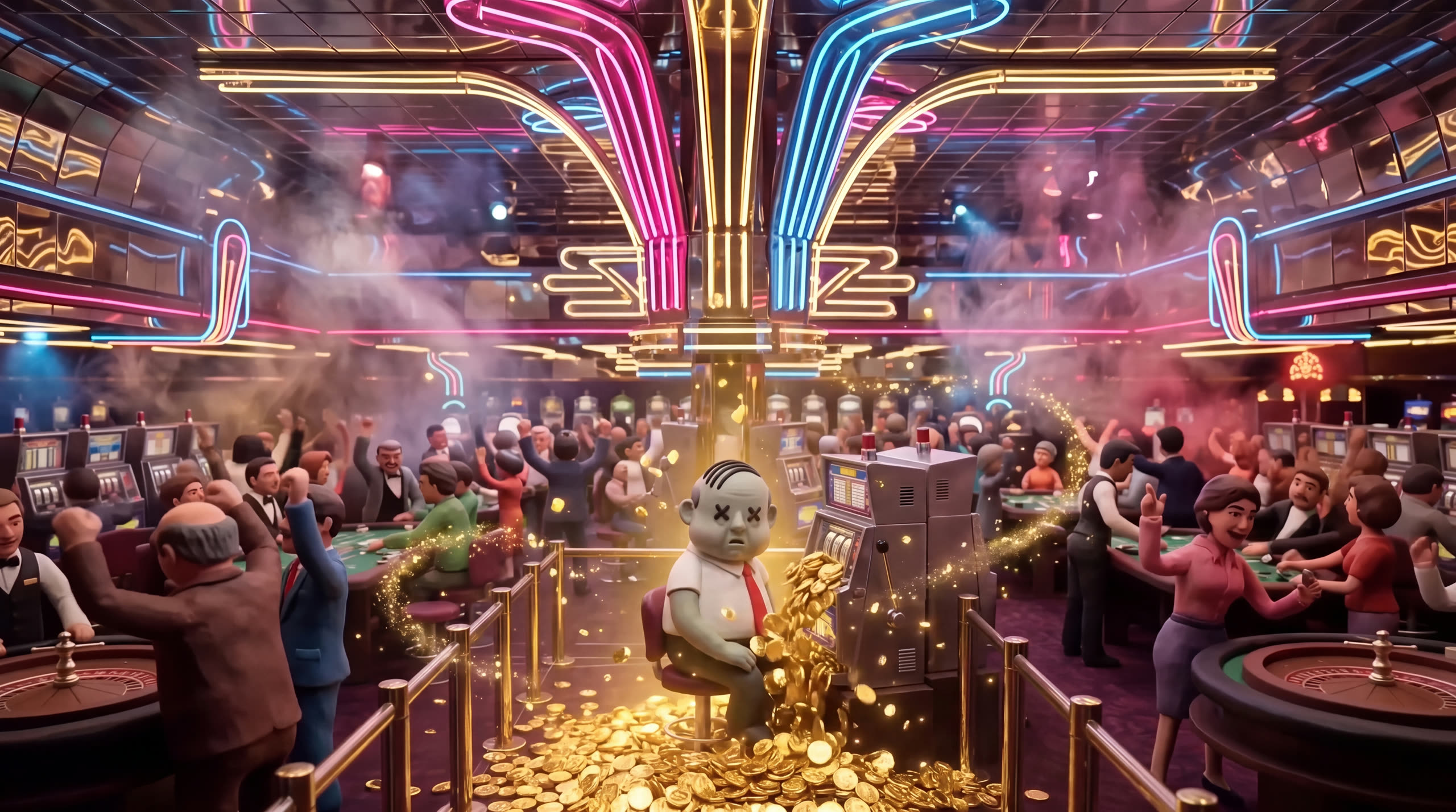 Mort sitting motionless at a slot machine in a packed 1987 casino while a jackpot of golden coins pours out and everyone around him celebrates.