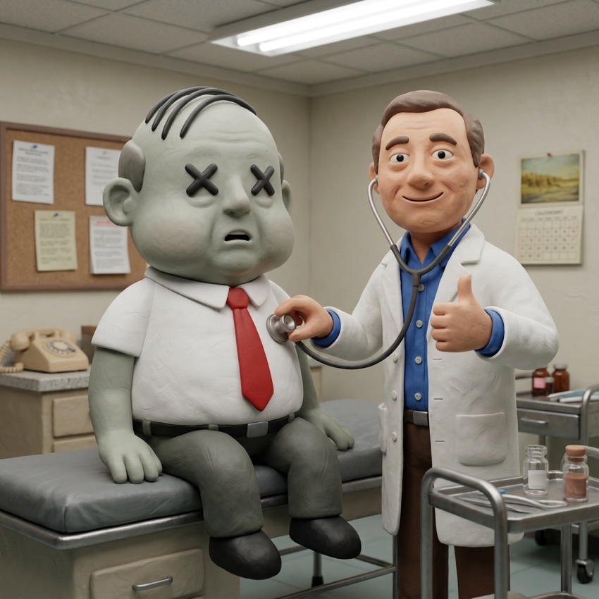 A company doctor with a stethoscope giving a thumbs up beside Mort.